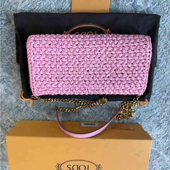 AUTHENTIC TODS RAFFIA STRAW CROCHET CLUTCH BAG PURSE LIKE NEW BARBIE PINK COLOR - Picture 8 of 16
